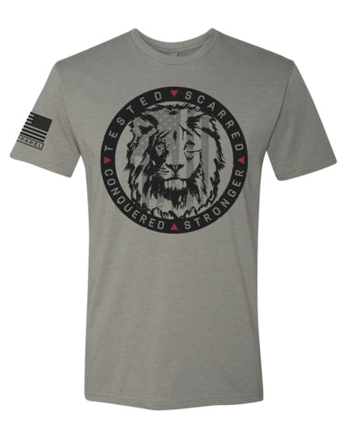 Lion Strong t-shirt, design by Freedom Elements showing lion with battle scars.